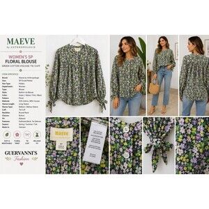 Maeve by Anthropologie Multicolor Floral  Blouse SP Green Cotton Viscose Tie Cuf